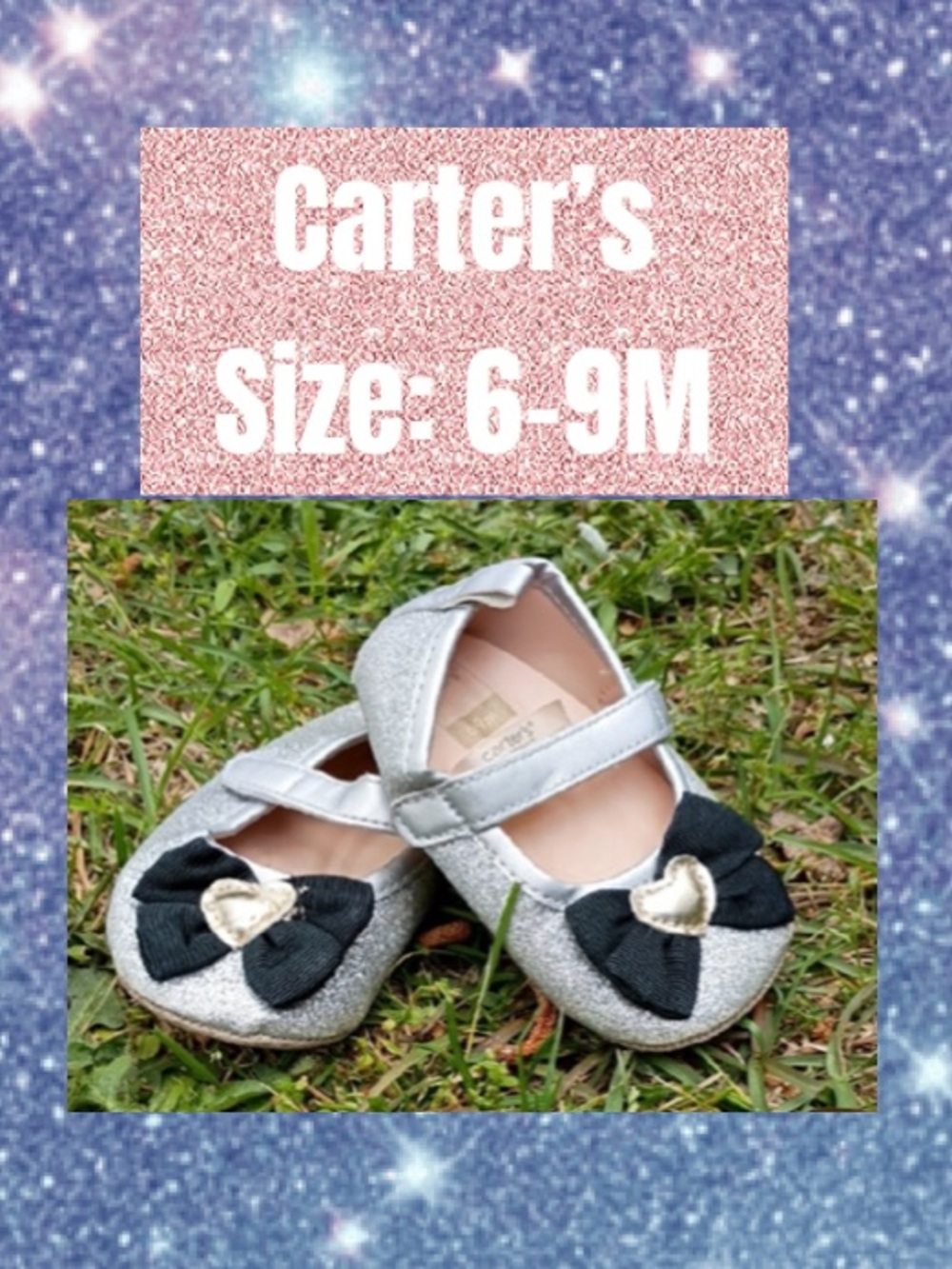 Carter's Silver Glitter Mary Janes with Black Bow and Gold Heart